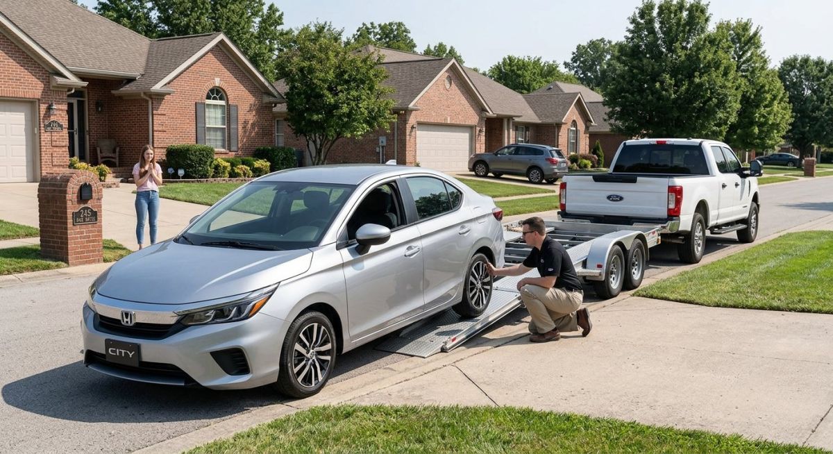 Illustration of a car being loaded onto a carrier at a residential curb (door-to-door pickup)