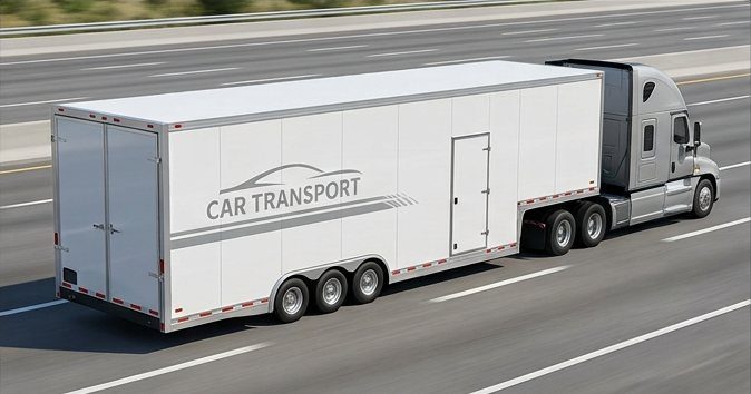 Illustration of a white enclosed car transport trailer driving on a highway