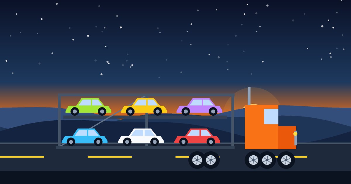 Illustration of an open car carrier truck hauling six vehicles at sunset