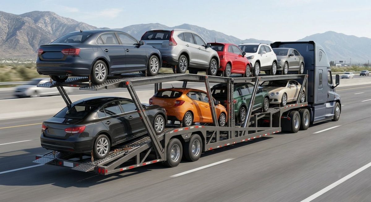 Illustration of an open car hauler truck carrying vehicles on a highway